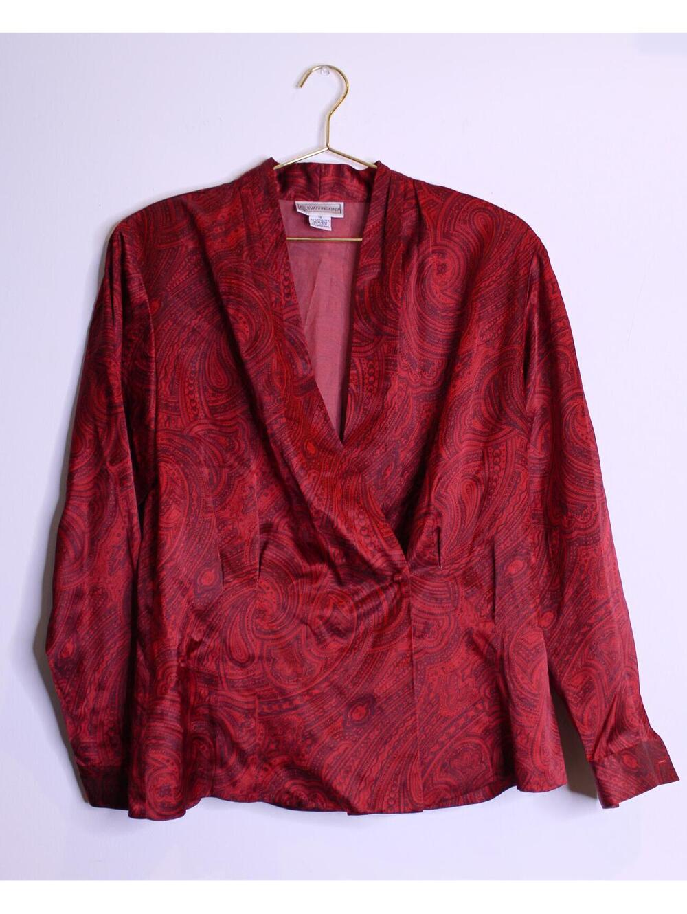 VTG Red Satin Paisley Print Wrap Blouse - Large